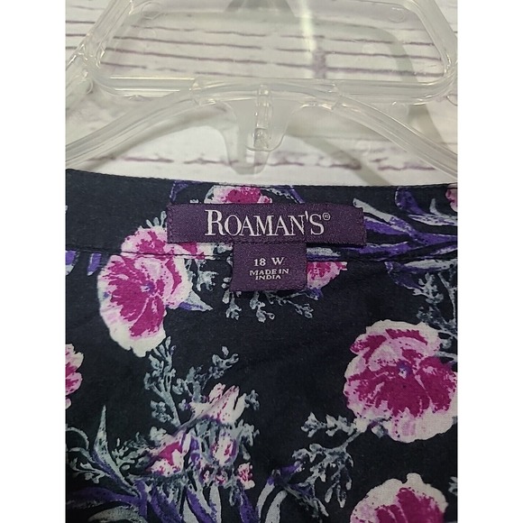 Roaman's Black Floral Print Button Front Roll Tab Sleeve Top Womans Size 18W - Picture 4 of 5